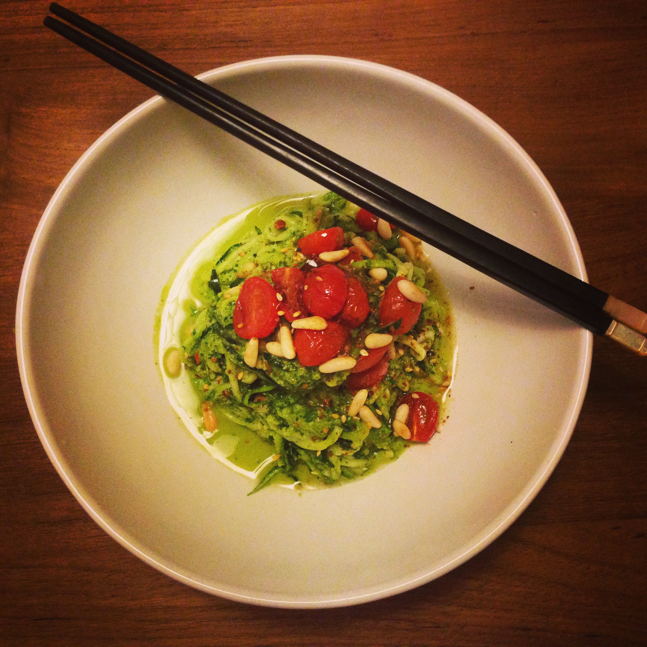 Zucchini Vegetti with Spicy Coriander-Almond Pesto
